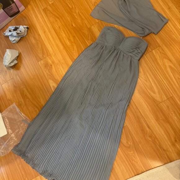 Dusty Blue Pleated Chiffon Strapless Dress with Scarf - Picture 1 of 5
